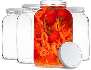 kitchentoolz 1 Gallon Glass Large Mason Jar Wide Mouth with Metal Airtight Lids (4 Pack) - Fermentation Kombucha Kefir Kimchi - Storing Canning Pickling Containers -White Lids