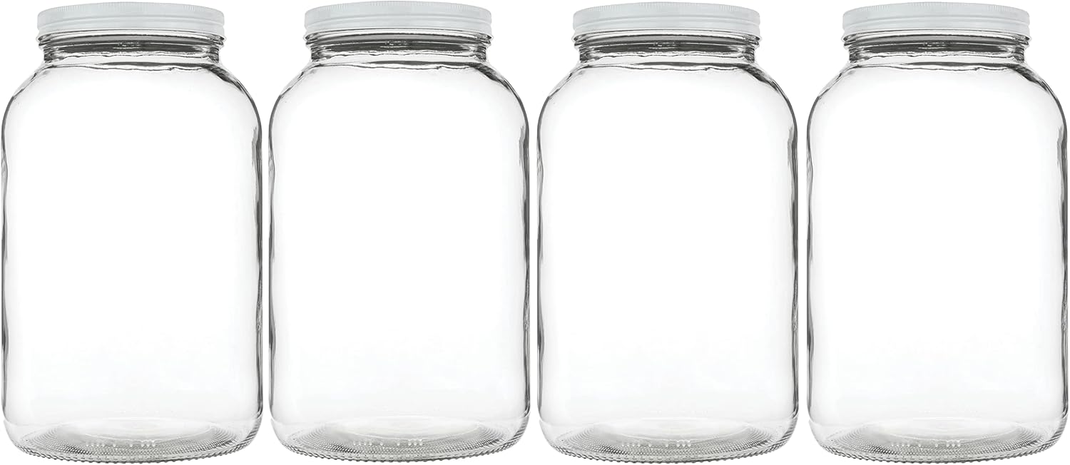 kitchentoolz 1 Gallon Glass Large Mason Jar Wide Mouth with Metal Airtight Lids (4 Pack) - Fermentation Kombucha Kefir Kimchi - Storing Canning Pickling Containers -White Lids-1