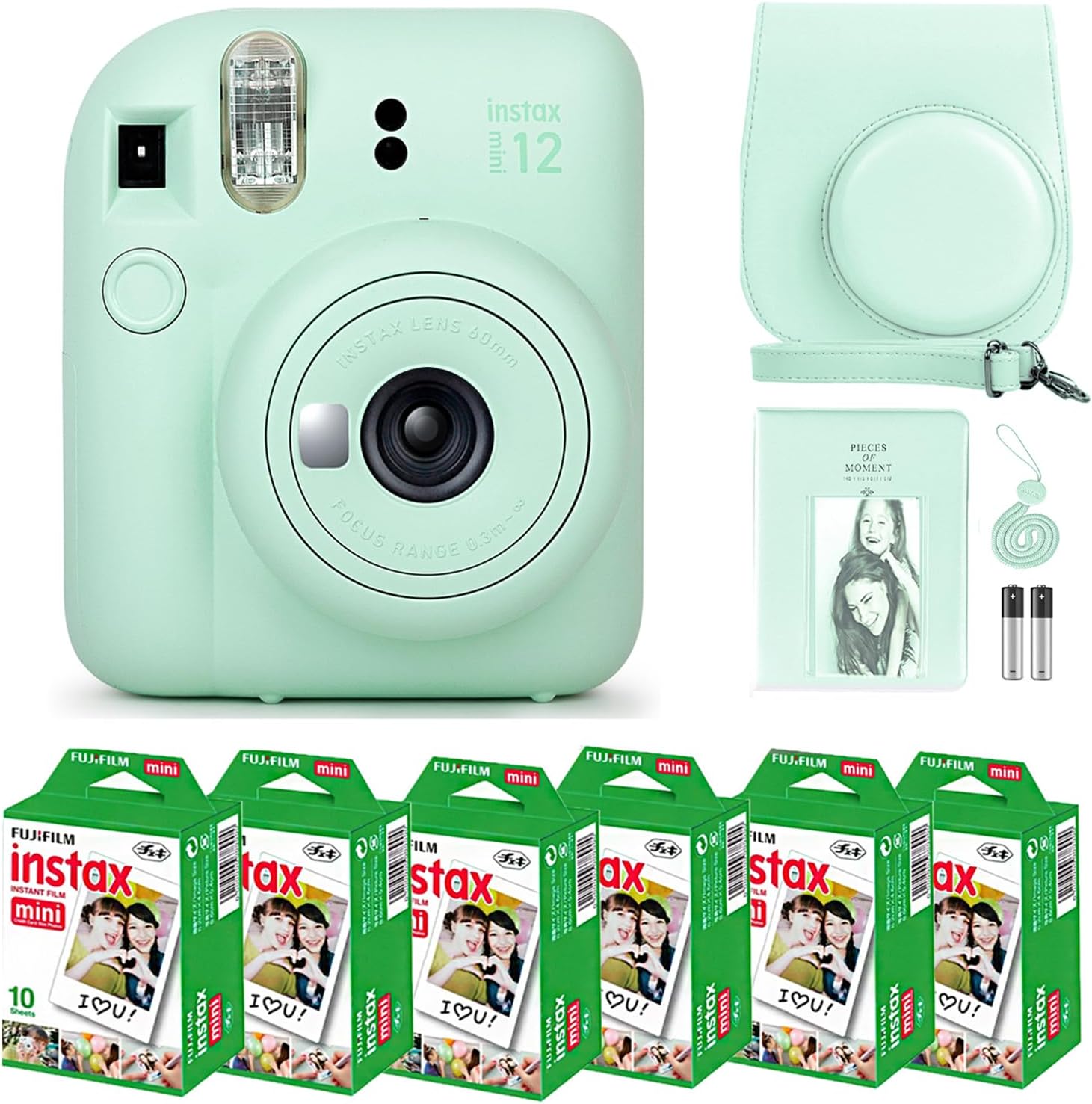 Fujifilm Instax Mini 12 Camera with Fujifilm Instant Mini Film (60 Sheets) Bundle with Deals Number One Accessories Including Carrying Case, Photo Album, Stickers (Mint Green)-0