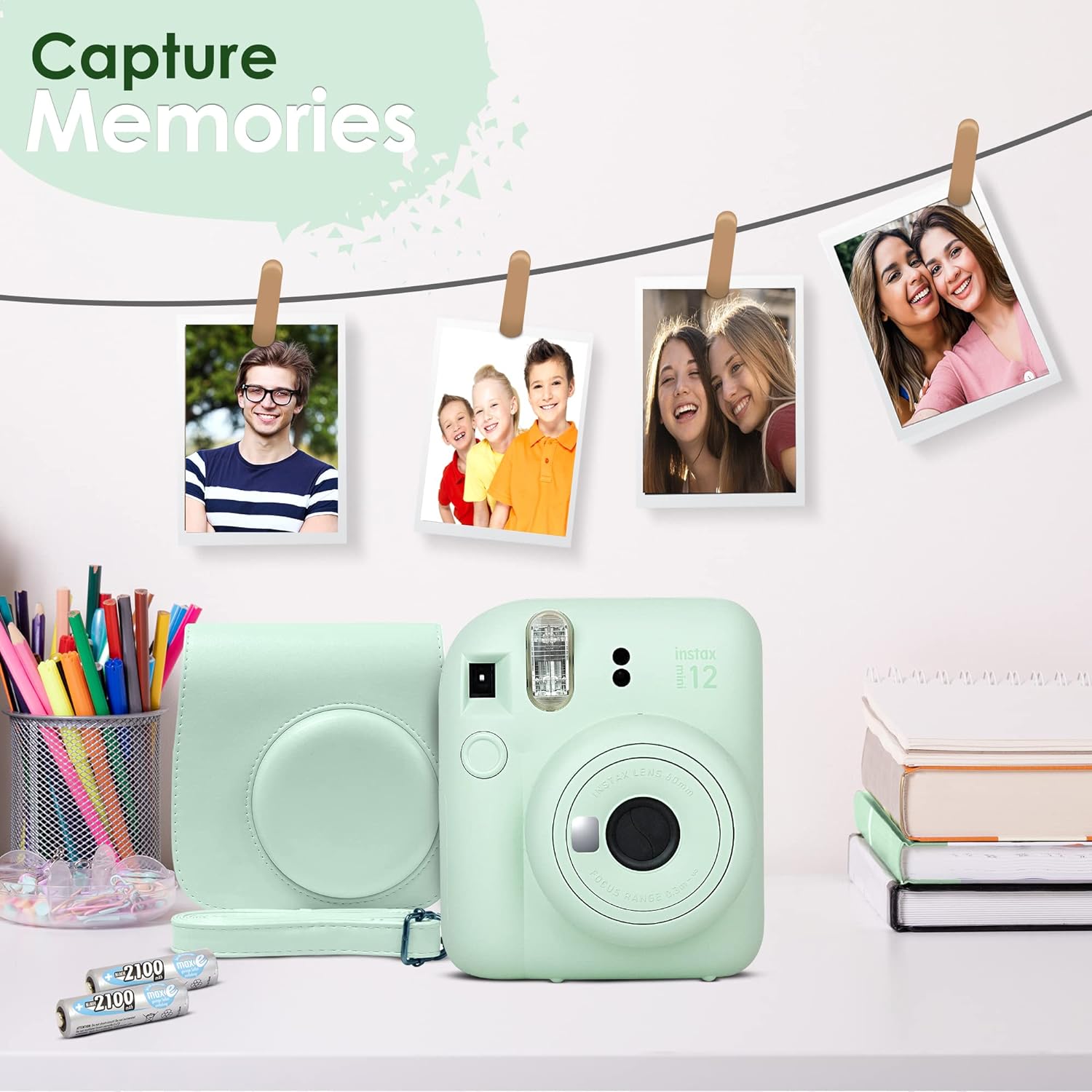 Fujifilm Instax Mini 12 Camera with Fujifilm Instant Mini Film (60 Sheets) Bundle with Deals Number One Accessories Including Carrying Case, Photo Album, Stickers (Mint Green)-2