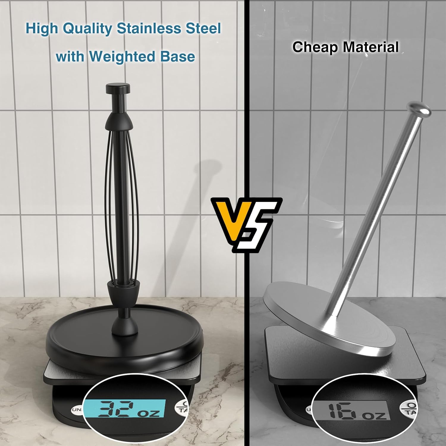 Paper Towel Holder Countertop, Black Paper Towel Holder Stand with Ratchet Mechanism for Kitchen Bathroom, One-Handed Tear Paper Stainless Steel Paper Towel Holder with Weighted Base(Black)-4