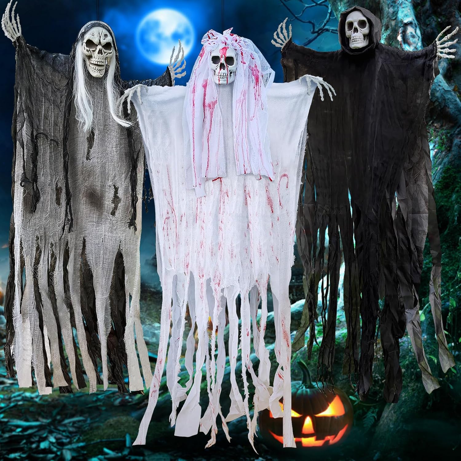 UNGLINGA 50inch Halloween Hanging Ghost Decorations Outdoor Indoor, Scary Grim Reaper Skeleton Decorations, Creepy Skull Ghost for Party Outside Yard Porch Haunted House (Pack of 3)-0