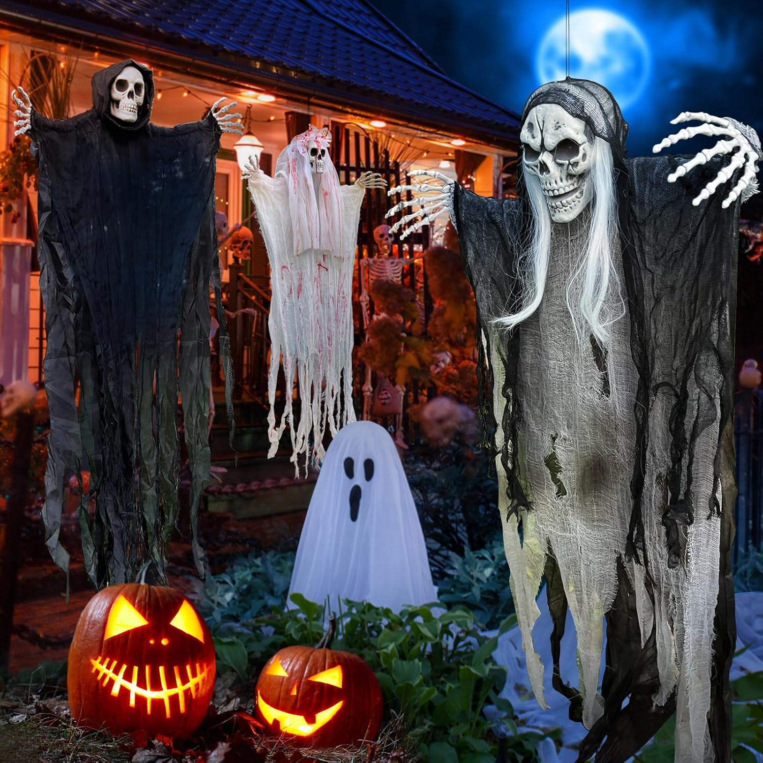 UNGLINGA 50inch Halloween Hanging Ghost Decorations Outdoor Indoor, Scary Grim Reaper Skeleton Decorations, Creepy Skull Ghost for Party Outside Yard Porch Haunted House (Pack of 3)-1