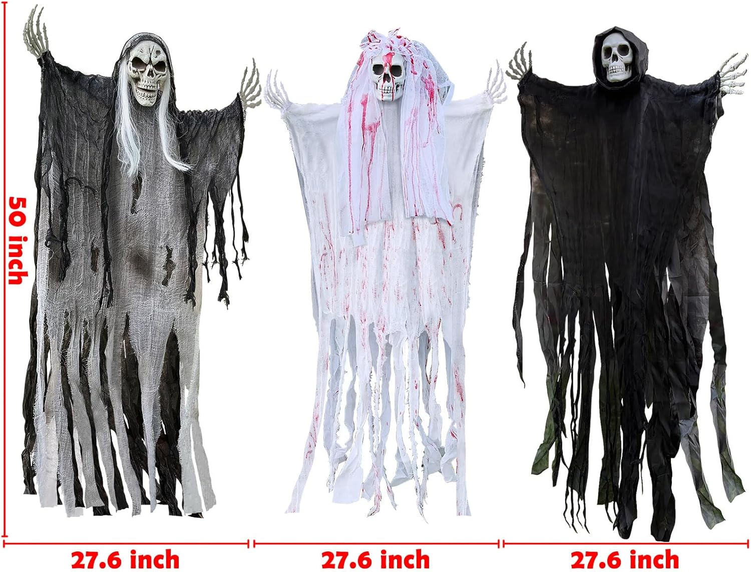 UNGLINGA 50inch Halloween Hanging Ghost Decorations Outdoor Indoor, Scary Grim Reaper Skeleton Decorations, Creepy Skull Ghost for Party Outside Yard Porch Haunted House (Pack of 3)-5