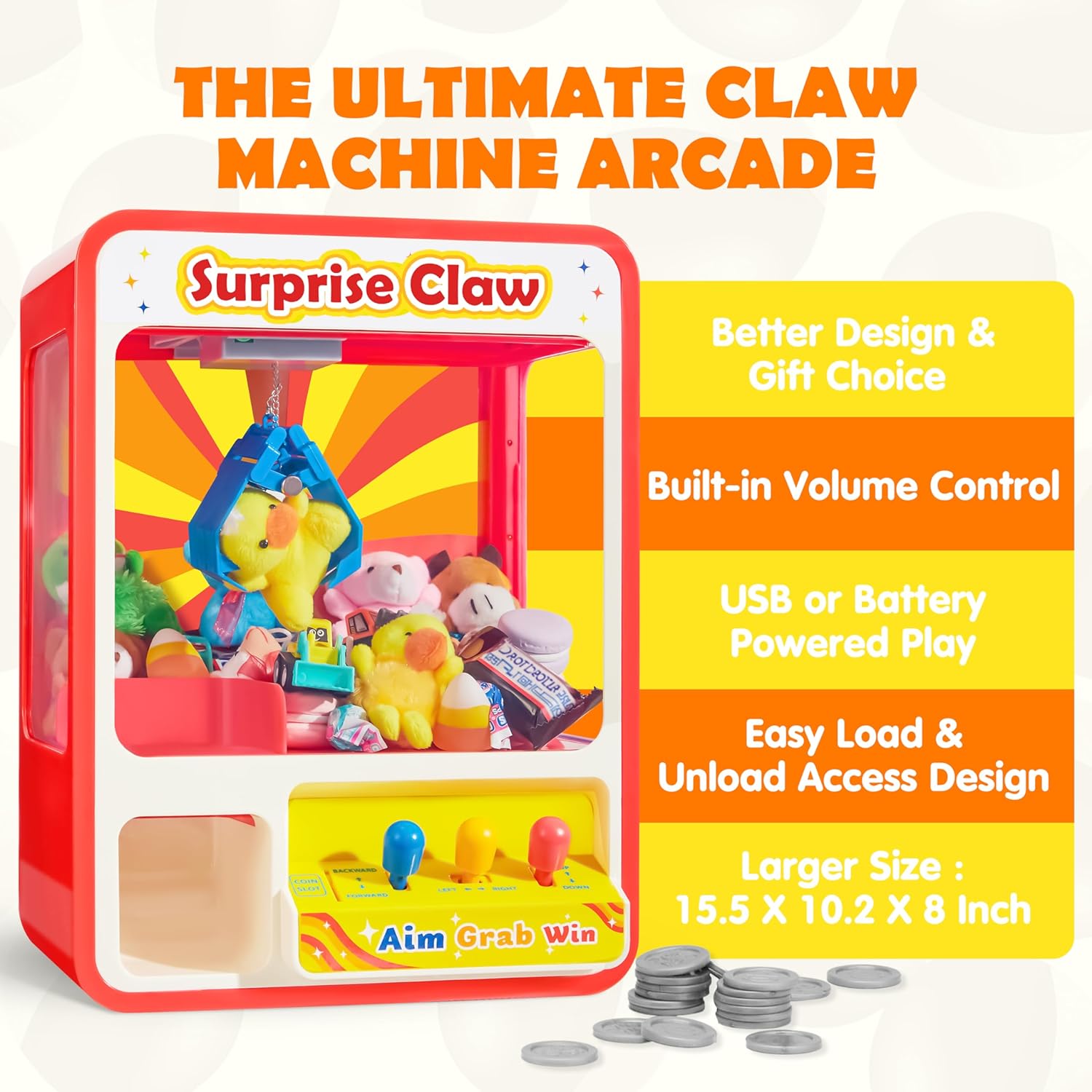 JOYIN Claw Machine Arcade Toy with LED Light & Adjustable Sound, Rechargable Dispenser Toys Mini Vending Machine for Kids - Perfect Christmas & Birthday Big Gifts for Kids, Ages 3+-3