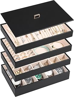 Voova Voova Stackable Jewelry Organizer Tray with Lid, PU Leather Jewelry Storage Holder for Drawer Inserts, Jewellery Display Box Case for Earring Necklace Ring Watch Bracelet (Set of 4, Black)