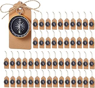 50 Sets Mini Compass Favors-Joyfulmap Compass Favors with Kraft Tags and Drawstring，Mini Compass Decorations for Weddings-Travel-Nautical-Birthday Themed Party Decorations(Golden)