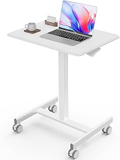 Sweetcrispy Mobile Small Stading Desk - Sit Stand Desk, Portable Rolling Laptop Desk with Lockable Wheels, Computer Workstations, Adjustable Height, White