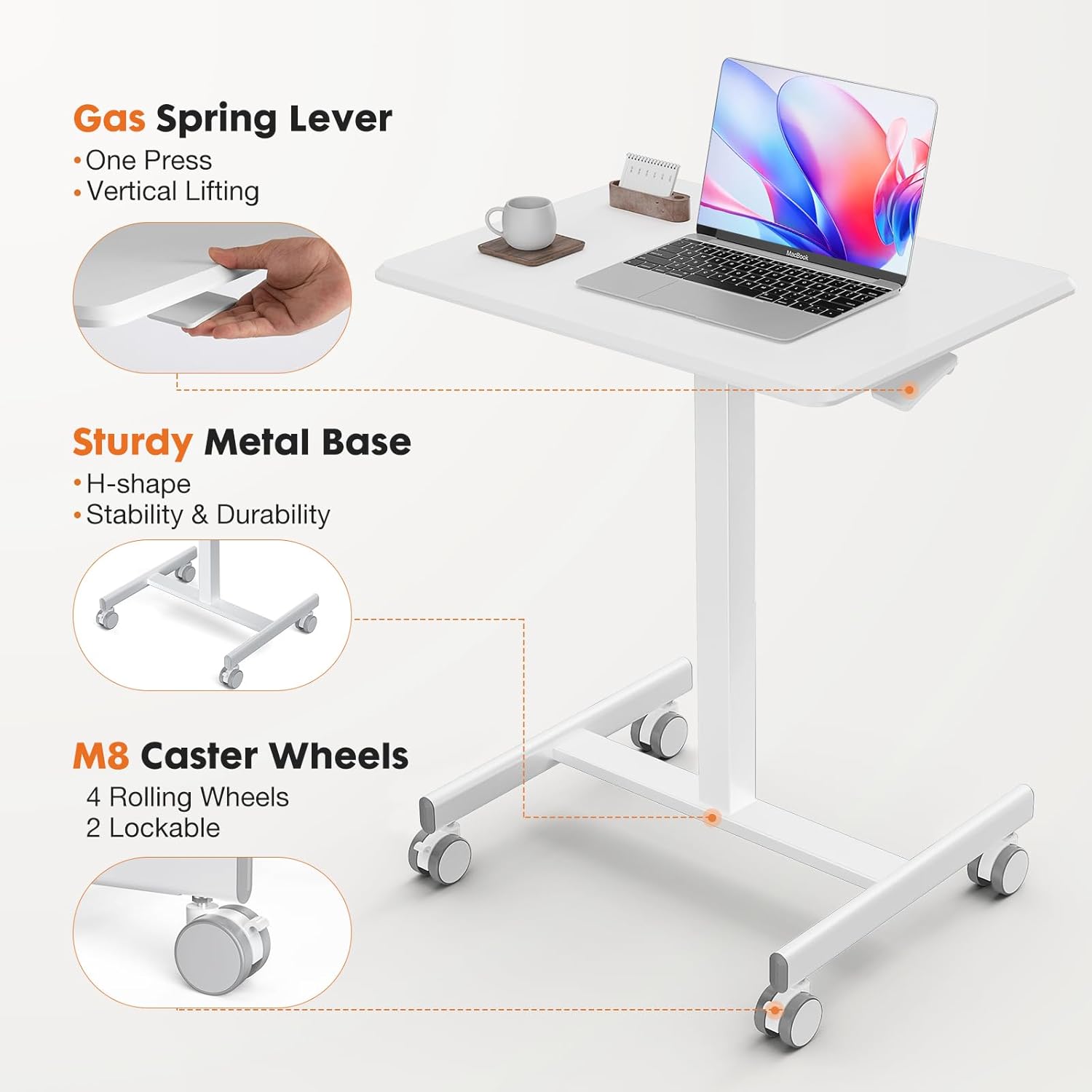 Sweetcrispy Mobile Small Stading Desk - Sit Stand Desk, Portable Rolling Laptop Desk with Lockable Wheels, Computer Workstations, Adjustable Height, White-4