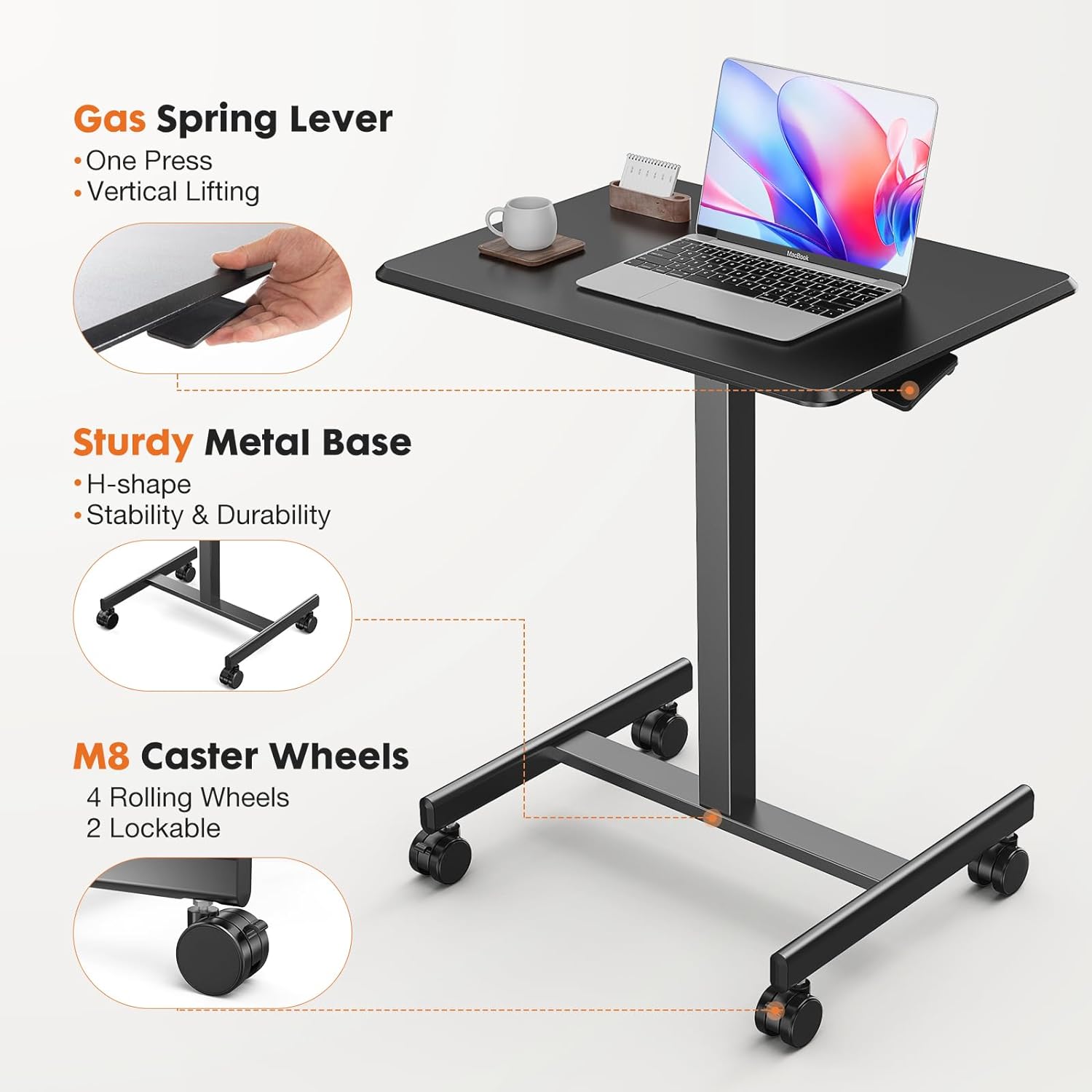 Sweetcrispy Mobile Small Stading Desk - Sit Stand Desk, Portable Rolling Laptop Desk with Lockable Wheels, Computer Workstations, Adjustable Height, Black-4