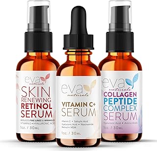 Eva Naturals Trifecta Serum Bundle - Vitamin C Plus, Collagen Peptide Serum, Retinol Serum - Serum Set for Collagen Boost, Anti Aging & Youthful Glowing Skin