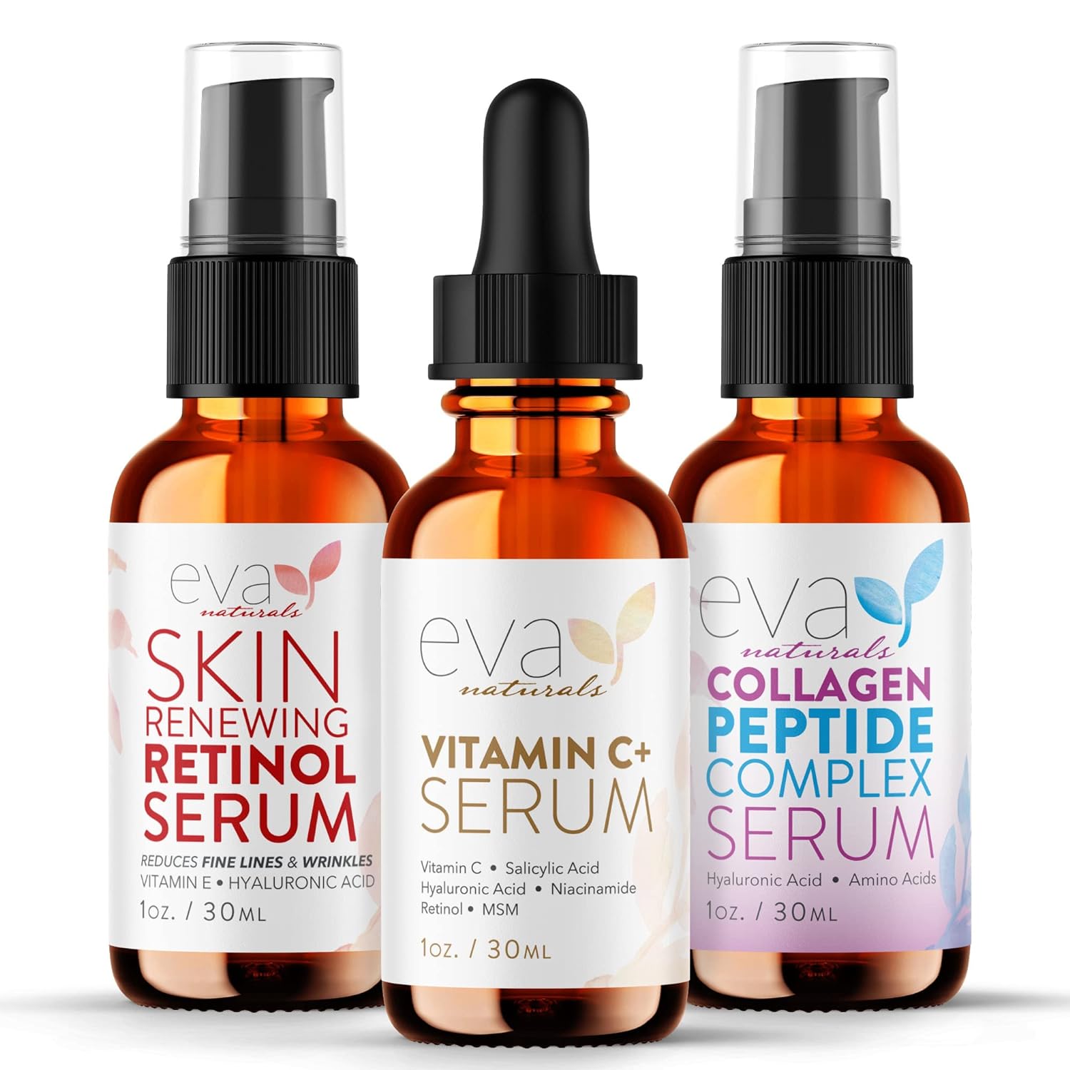 Eva Naturals Trifecta Serum Bundle - Vitamin C Plus, Collagen Peptide Serum, Retinol Serum - Serum Set for Collagen Boost, Anti Aging & Youthful Glowing Skin-0