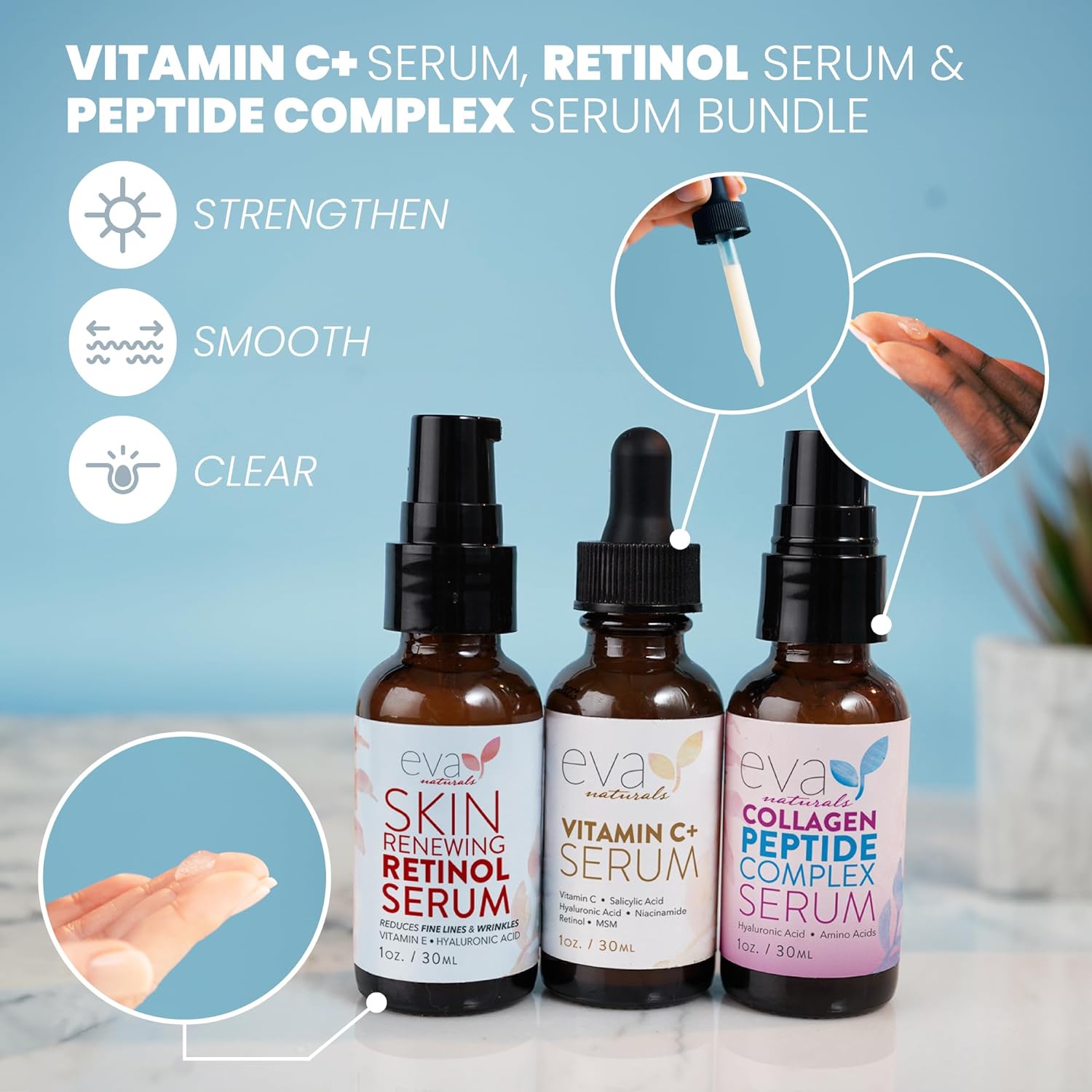 Eva Naturals Trifecta Serum Bundle - Vitamin C Plus, Collagen Peptide Serum, Retinol Serum - Serum Set for Collagen Boost, Anti Aging & Youthful Glowing Skin-1