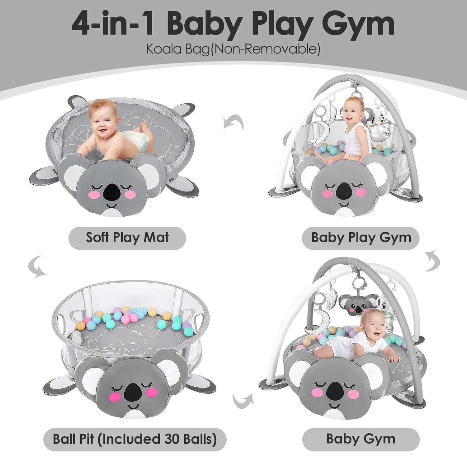 dearlomum 4-in-1 Baby Play Mat Baby Gym,Tummy Time Mat for Floor Activity Gym Ball Pit Including 30 Balls with 5 Infant Learning Sensory Baby Toys for Newborn Toddler Boy & Girl Gifts(Koala)-1