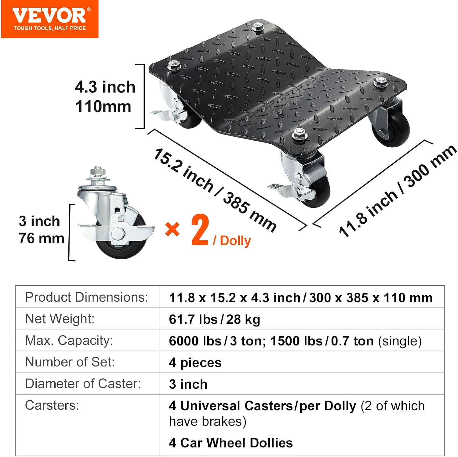 VEVOR Wheel Dolly, 6000 lbs/2722 kg Car Moving Dolly, Wheel Dolly Car Tire Stake Set of 4 Piece, Heavy-Duty Car Tire Dolly Cart Moving Cars, Trucks, Trailers, Motorcycles, and Boats-7