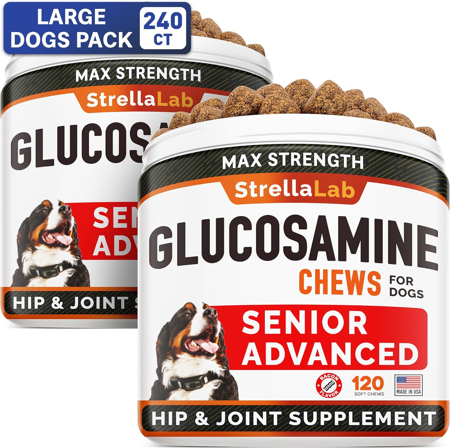 Senior Advanced Glucosamine Joint Supplement for Dogs - Hip & Joint Pain Relief - Small + Large Breeds -Omega-3 Fish Oil - Chondroitin, MSM- Mobility Soft Chews for Older Dogs - Bacon Flavor - 240Ct-0