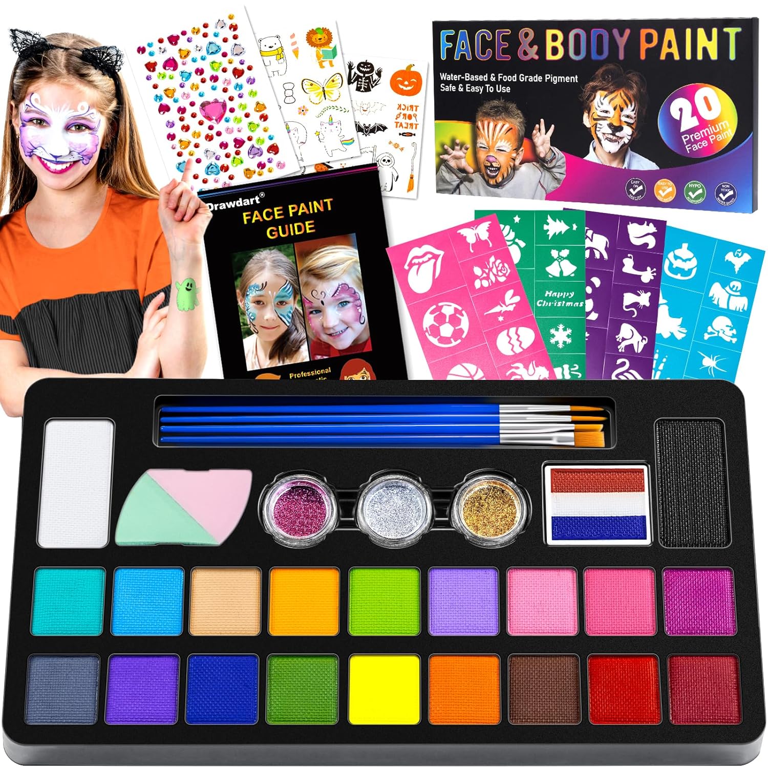 Face Painting Kit for Kids - 20 Colors Water Based Non Toxic Face Paint Kit, Professional Face Paint for Kids with Stencils & Brushes - Parties, Birthdays, Halloween Face Body Makeup Kit-0