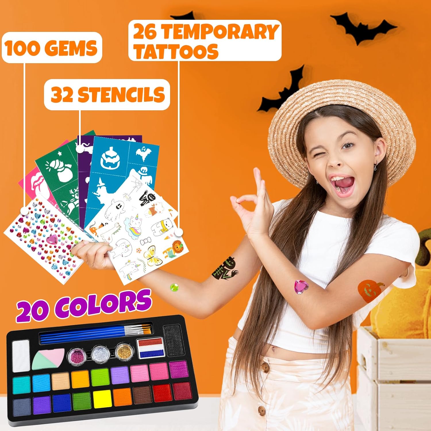 Face Painting Kit for Kids - 20 Colors Water Based Non Toxic Face Paint Kit, Professional Face Paint for Kids with Stencils & Brushes - Parties, Birthdays, Halloween Face Body Makeup Kit-5