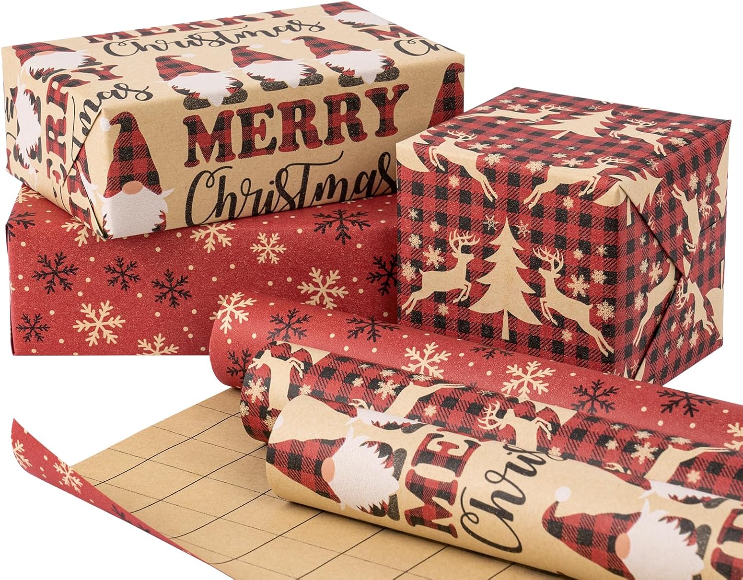 RUSPEPA Christmas Wrapping Paper Rolls - 17 inches x 10 feet per Roll, Total of 3 Rolls - Santa Claus, Reindeer and Snowflake-0