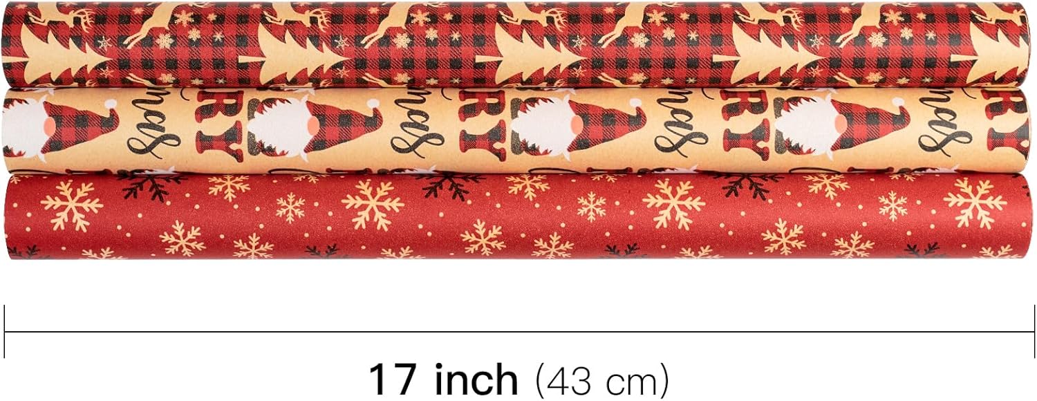 RUSPEPA Christmas Wrapping Paper Rolls - 17 inches x 10 feet per Roll, Total of 3 Rolls - Santa Claus, Reindeer and Snowflake-4