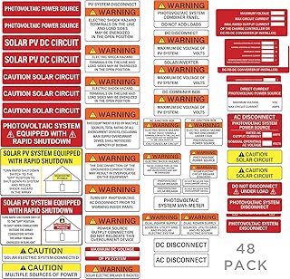 10 Set of 48 Pack PV Solar System Install Label Kit, Joyfulmap 480 Pcs Photovoltaic Safety Labels, Photovoltaic Power Source Labels, Caution Labels, Solar PV Safety Warning Pack