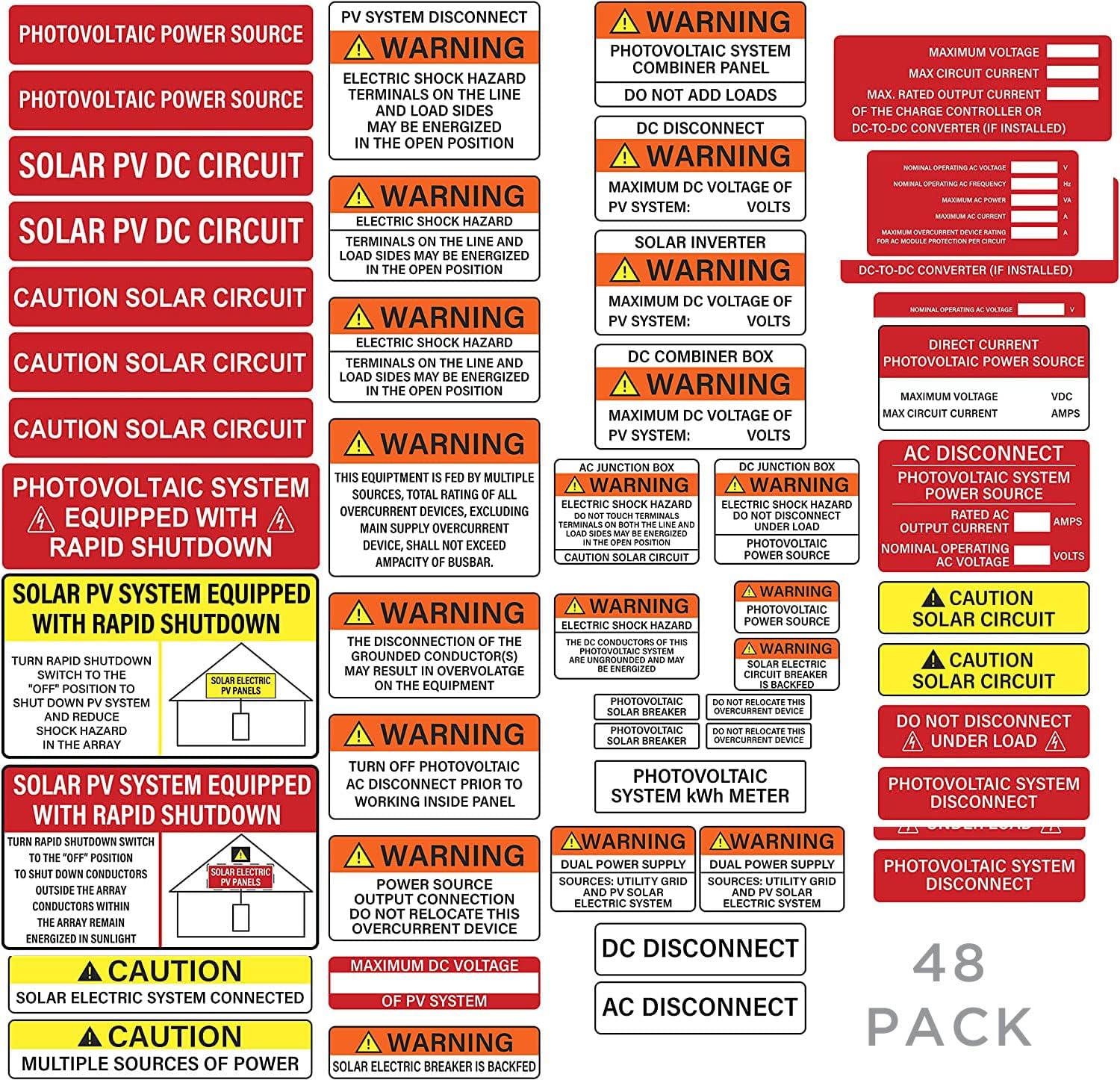 10 Set of 48 Pack PV Solar System Install Label Kit, Joyfulmap 480 Pcs Photovoltaic Safety Labels, Photovoltaic Power Source Labels, Caution Labels, Solar PV Safety Warning Pack-0