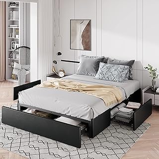 Allewie Full Size Platform Bed Frame with 3 Storage Drawers, Faux Leather Upholstered, Wooden Slats Support, No Box Spring Needed, Easy Assembly, Black