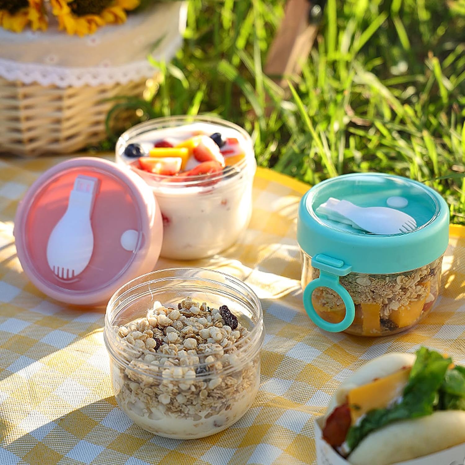 Overnight Oats Containers with Lids, Mason Overnight Oats Jars, Portable Leakproof Plastic Cereal Cups Yogurt Breakfast On The Go Cups Oatmeal Jars Snack Containers for Food Storage(Green)-5