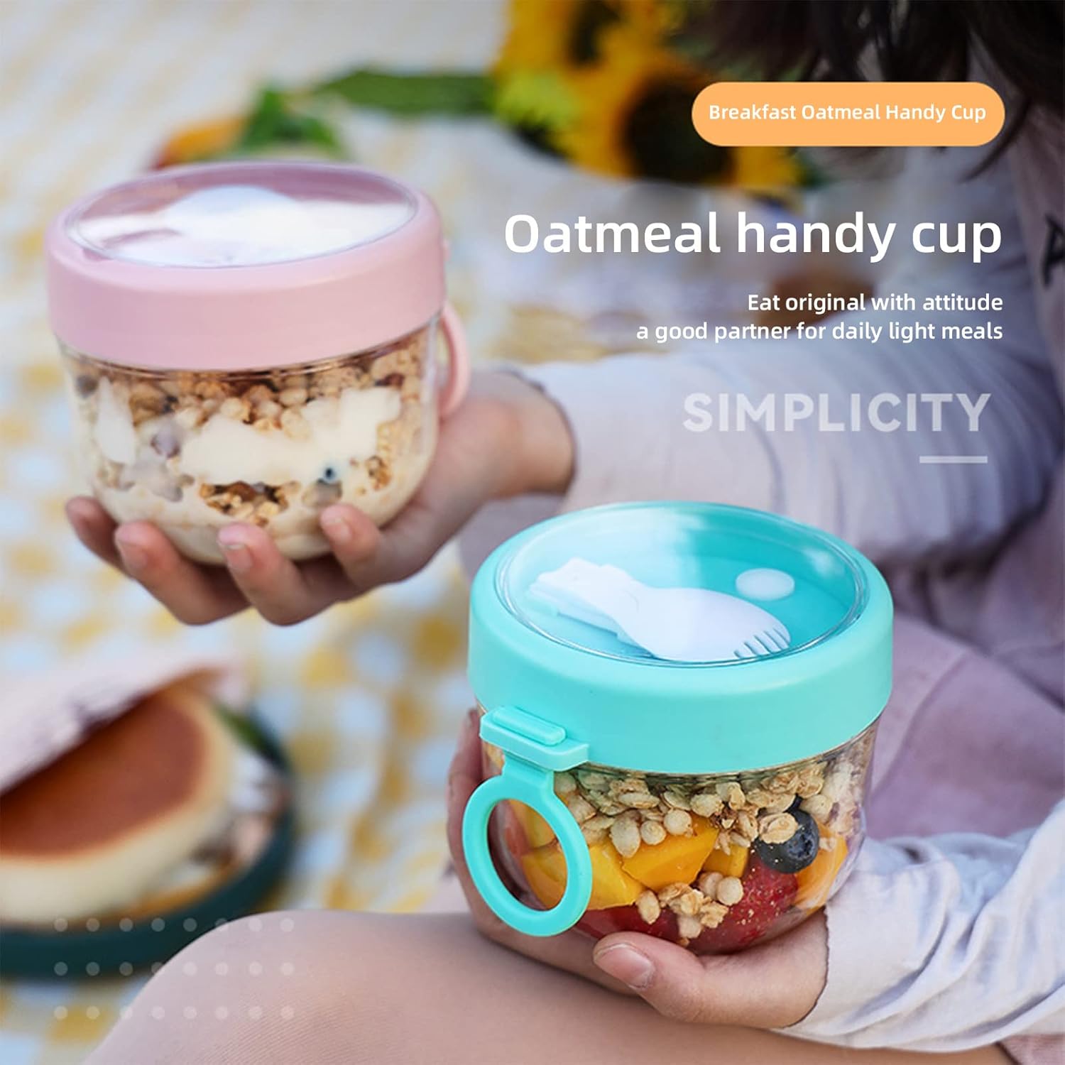 Overnight Oats Containers with Lids, Mason Overnight Oats Jars, Portable Leakproof Plastic Cereal Cups Yogurt Breakfast On The Go Cups Oatmeal Jars Snack Containers for Food Storage(Green)-6