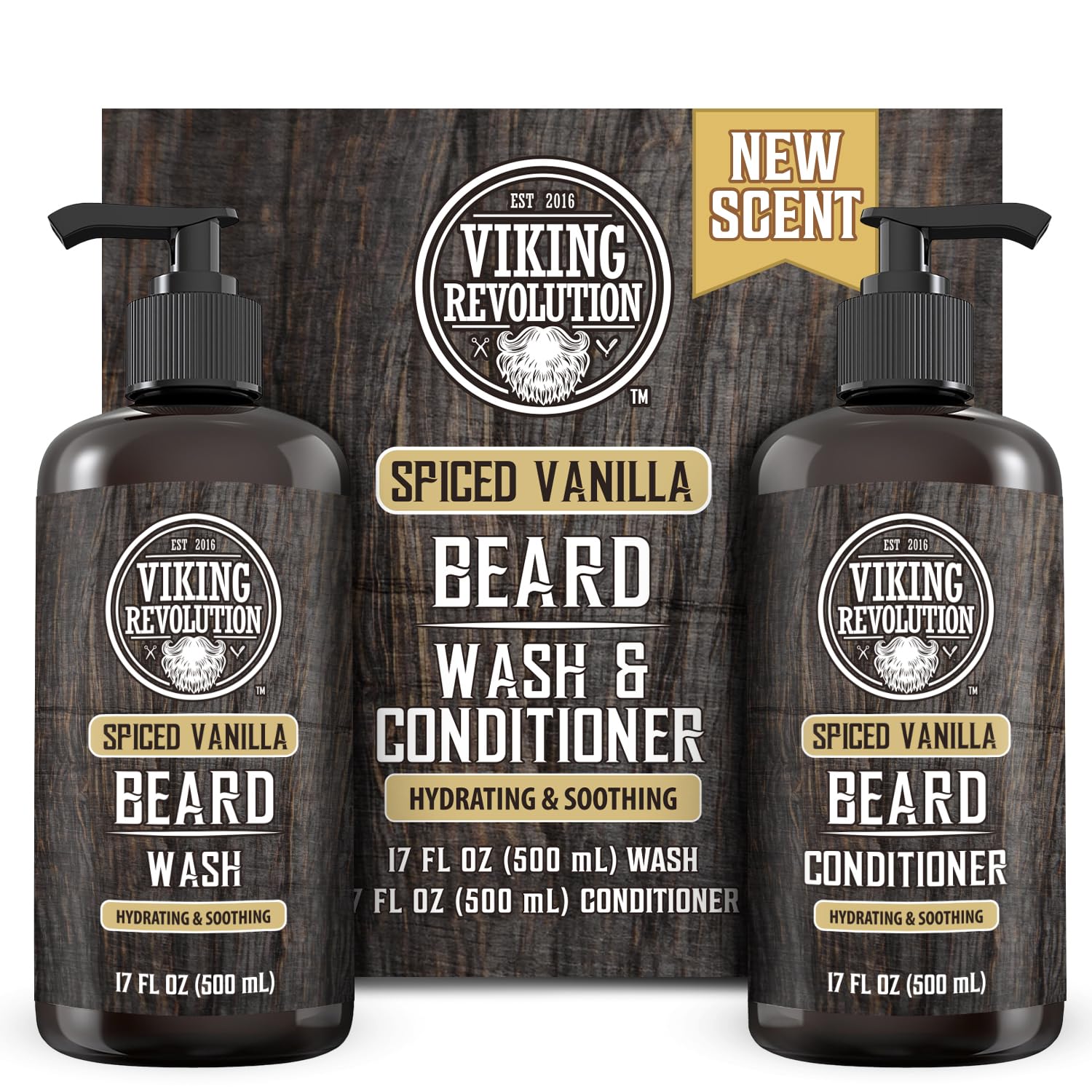 Viking Revolution Beard Wash and Beard Conditioner for Men with Argan Oil and Jojoba Oil - Beard Softener and Strengthener Beard Care Beard Shampoo and Conditioner with Beard Oil (17oz Spiced Vanilla)-0