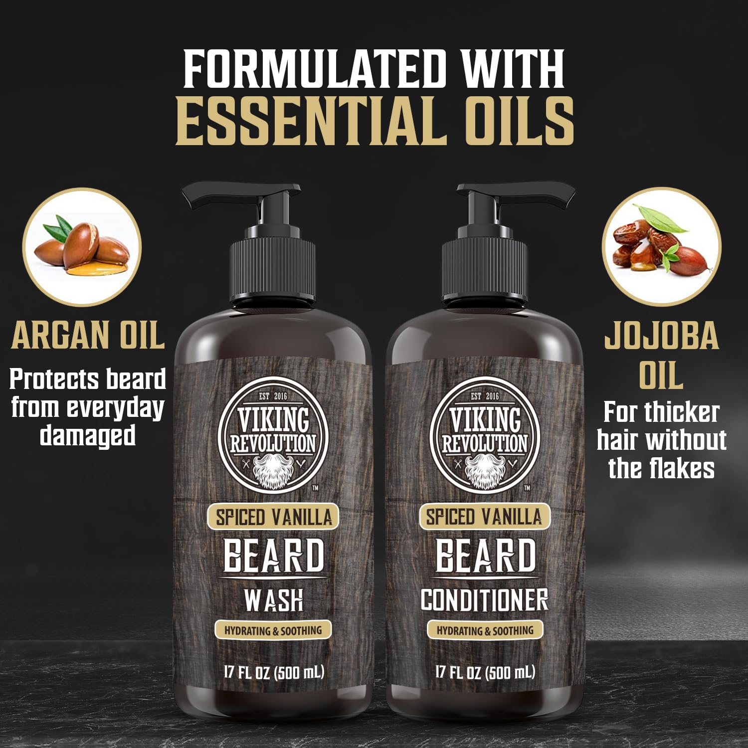 Viking Revolution Beard Wash and Beard Conditioner for Men with Argan Oil and Jojoba Oil - Beard Softener and Strengthener Beard Care Beard Shampoo and Conditioner with Beard Oil (17oz Spiced Vanilla)-4