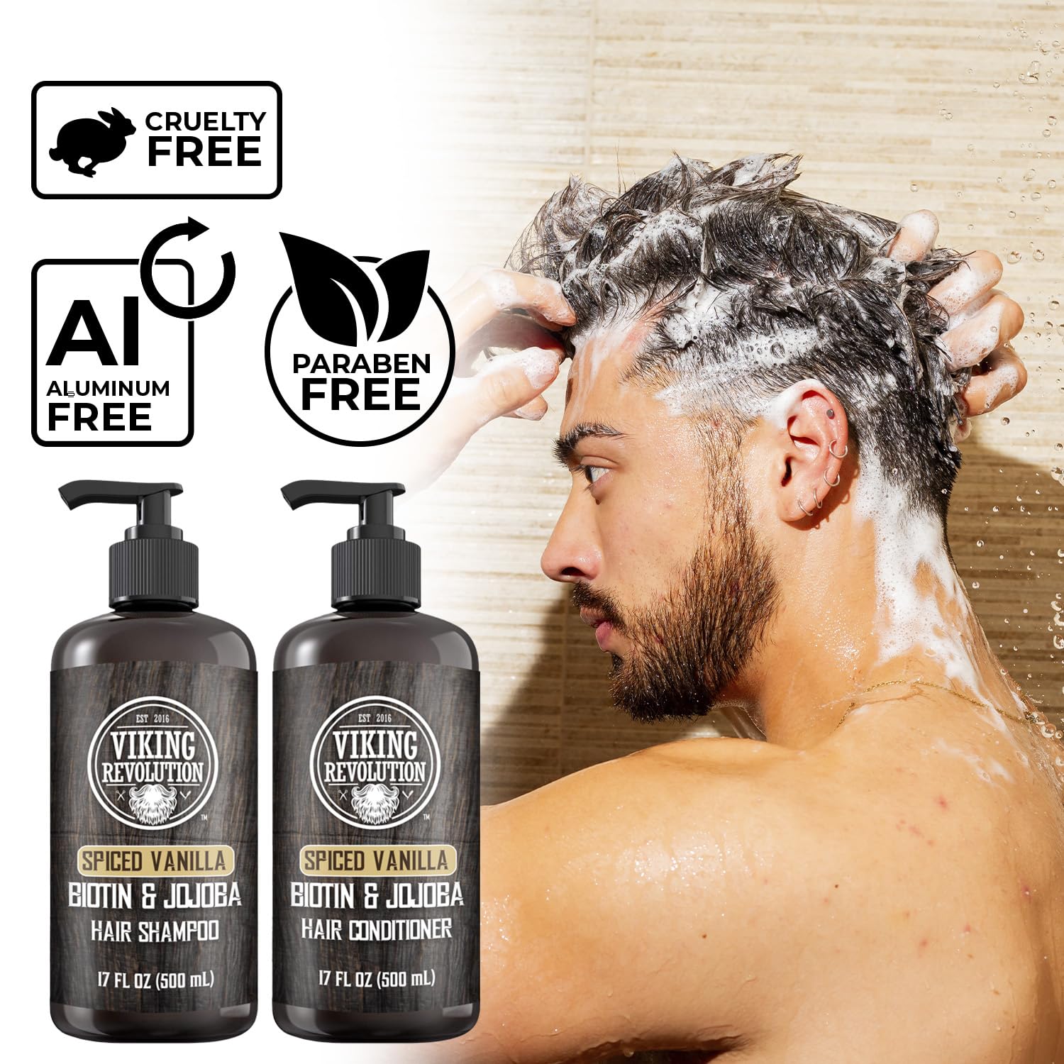 Viking Revolution Spiced Vanilla Mens Shampoo and Conditioner Set with Biotin and Jojoba Oil - Natural Hair Shampoo and Hair Conditioner for Men with Vitamin B5 - Mens Shampoo for Thinning Hair (17Oz)-5