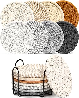 8 Pcs Drink Coasters with Holder, 8 Colors Absorbent Coasters for Drinks Minimalist Cup Coasters Cotton Coaster Set Woven Coasters for Coffee Table Home Decor Bar Housewarming Gift, 4.3 Inch