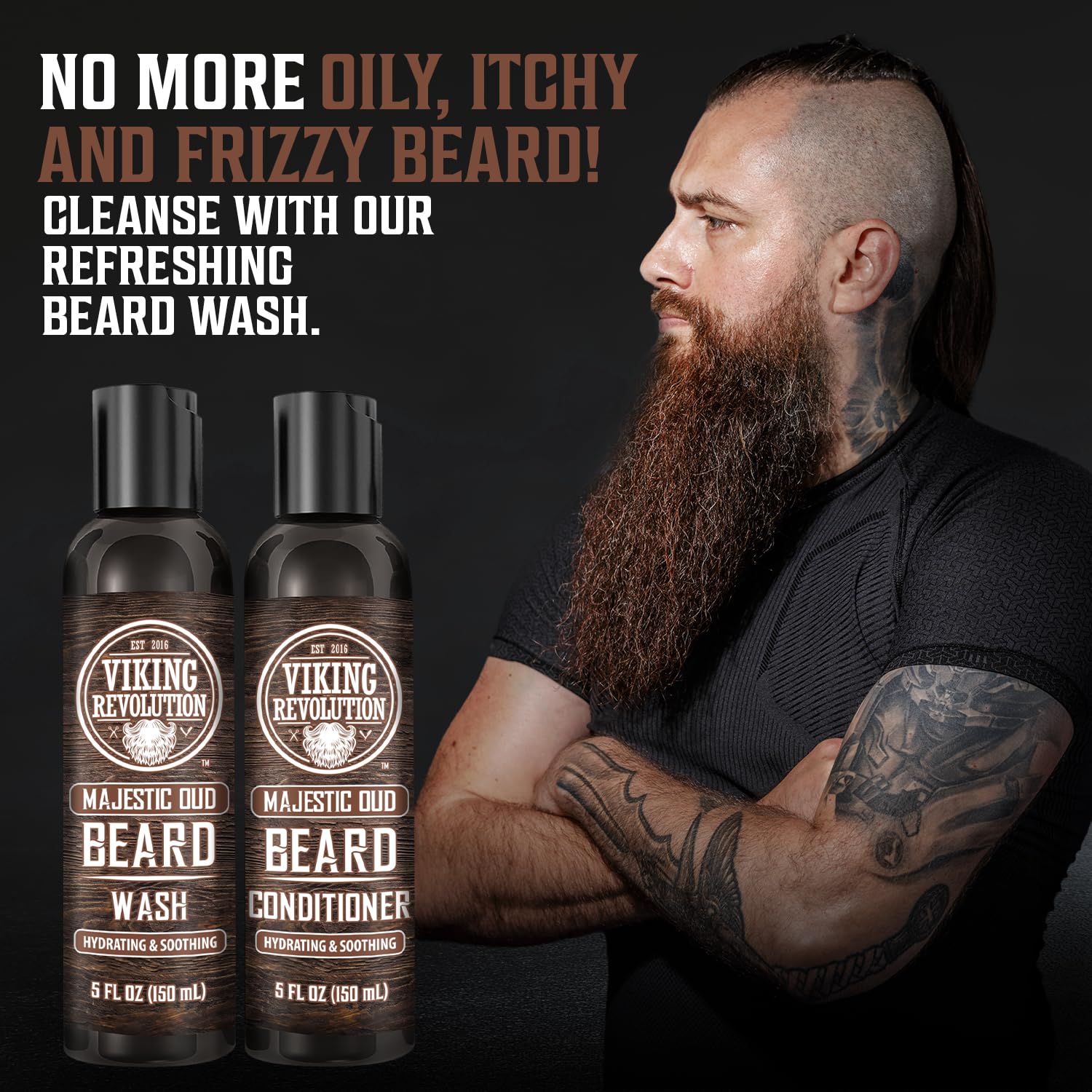 Viking Revolution Beard Wash and Beard Conditioner for Men with Argan Oil and Jojoba Oil - Beard Softener and Strengthener Beard Care Beard Shampoo and Conditioner with Beard Oil (5oz, Majestic Oud)-2