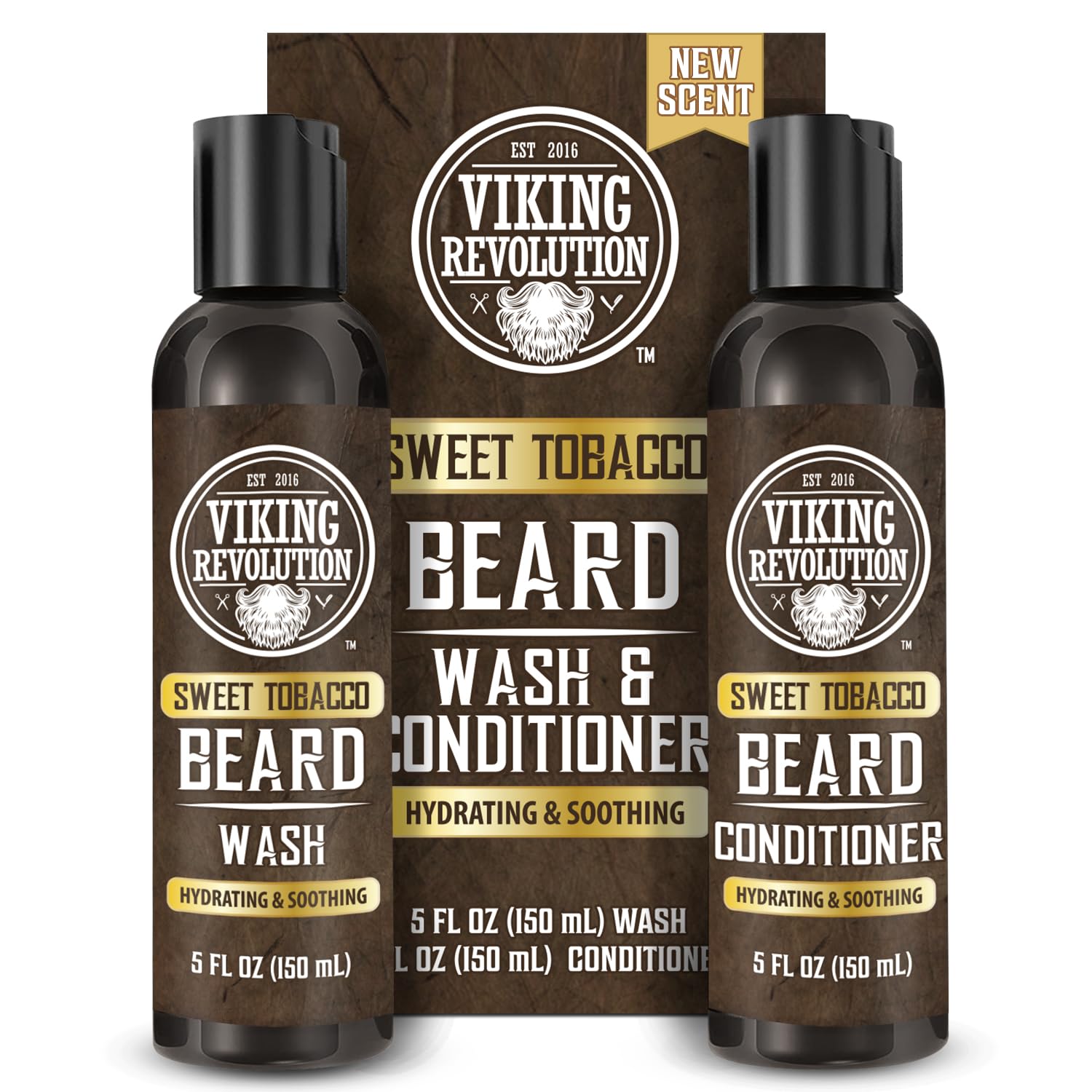 Viking Revolution Beard Wash and Beard Conditioner for Men with Argan Oil and Jojoba Oil - Beard Softener and Strengthener Beard Care Beard Shampoo and Conditioner with Beard Oil (5oz, Sweet Tobacco)-0