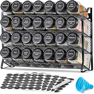 AOZITA Spice Rack Organizer for Cabinet, Spice Organizer with 28 Empty Spice Jars with Black Lids, Funnel, Spice Labels, Seasoning Organizer for Countertop, Cabinet, Kitchen, Pantry, Cupboard