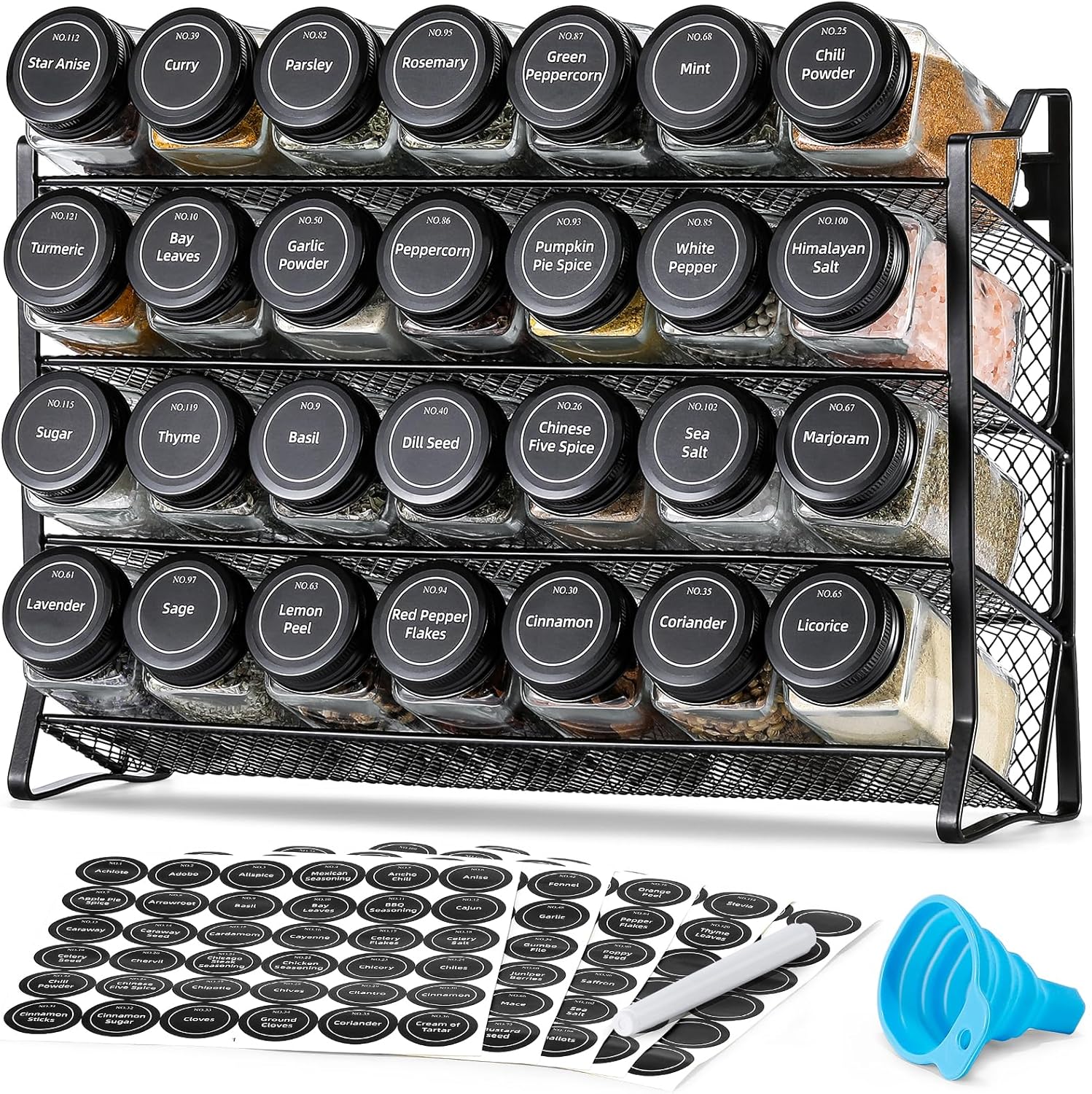 AOZITA Spice Rack Organizer for Cabinet, Spice Organizer with 28 Empty Spice Jars with Black Lids, Funnel, Spice Labels, Seasoning Organizer for Countertop, Cabinet, Kitchen, Pantry, Cupboard-0