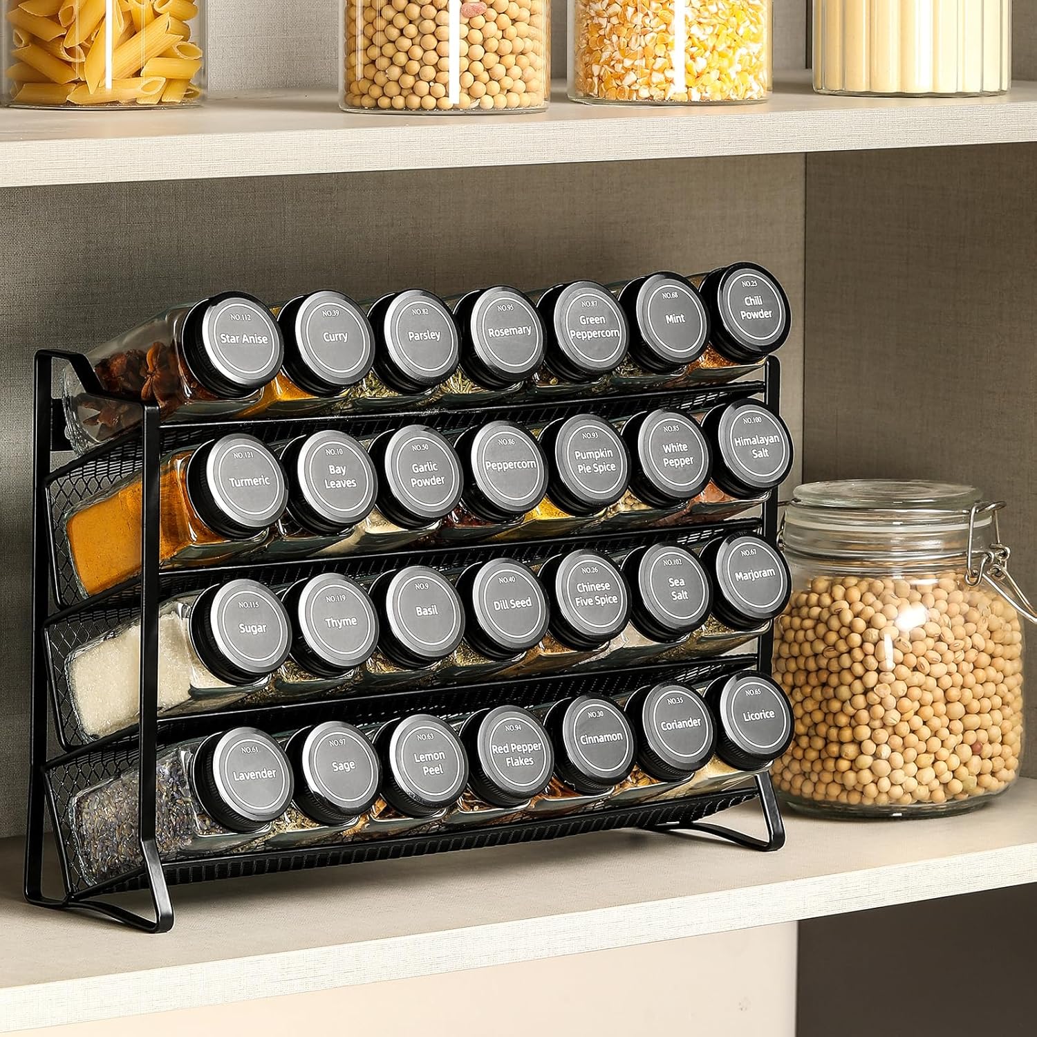 AOZITA Spice Rack Organizer for Cabinet, Spice Organizer with 28 Empty Spice Jars with Black Lids, Funnel, Spice Labels, Seasoning Organizer for Countertop, Cabinet, Kitchen, Pantry, Cupboard-5