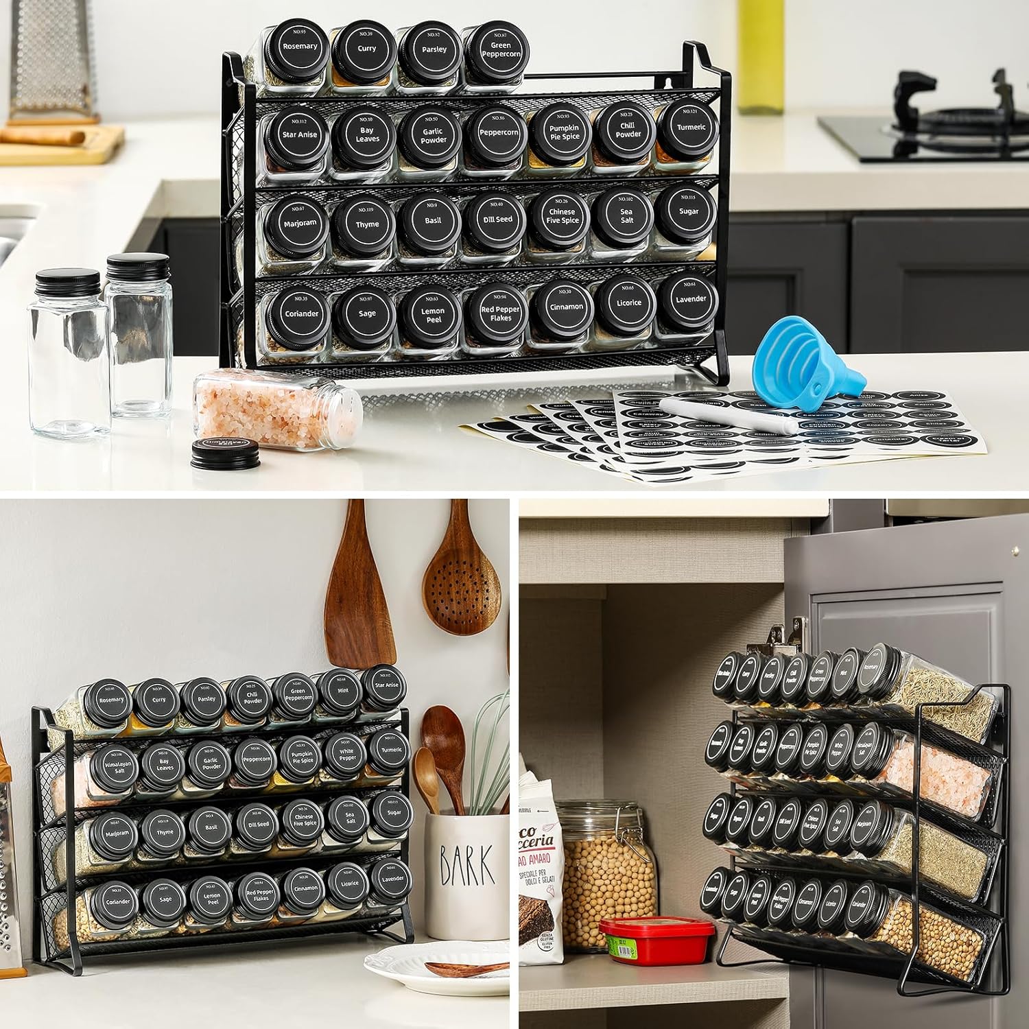 AOZITA Spice Rack Organizer for Cabinet, Spice Organizer with 28 Empty Spice Jars with Black Lids, Funnel, Spice Labels, Seasoning Organizer for Countertop, Cabinet, Kitchen, Pantry, Cupboard-6