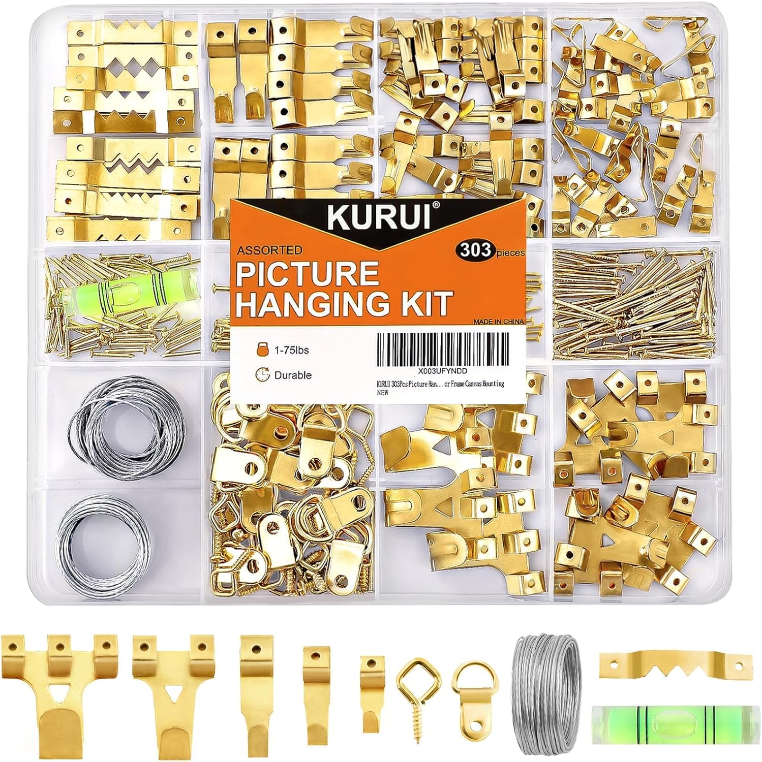 KURUI 303Pcs Picture Hanging Kit, Picture Hangers Assorted Kit With Heavy Duty Wall Hooks, Sawtooth, Picture Wire, D Rings, Hardware Nails, Eye Hooks and Picture Hanging Tool for Frame Canvas Mounting-0