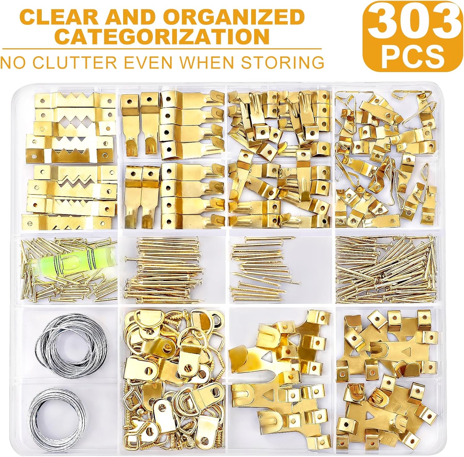 KURUI 303Pcs Picture Hanging Kit, Picture Hangers Assorted Kit With Heavy Duty Wall Hooks, Sawtooth, Picture Wire, D Rings, Hardware Nails, Eye Hooks and Picture Hanging Tool for Frame Canvas Mounting-1