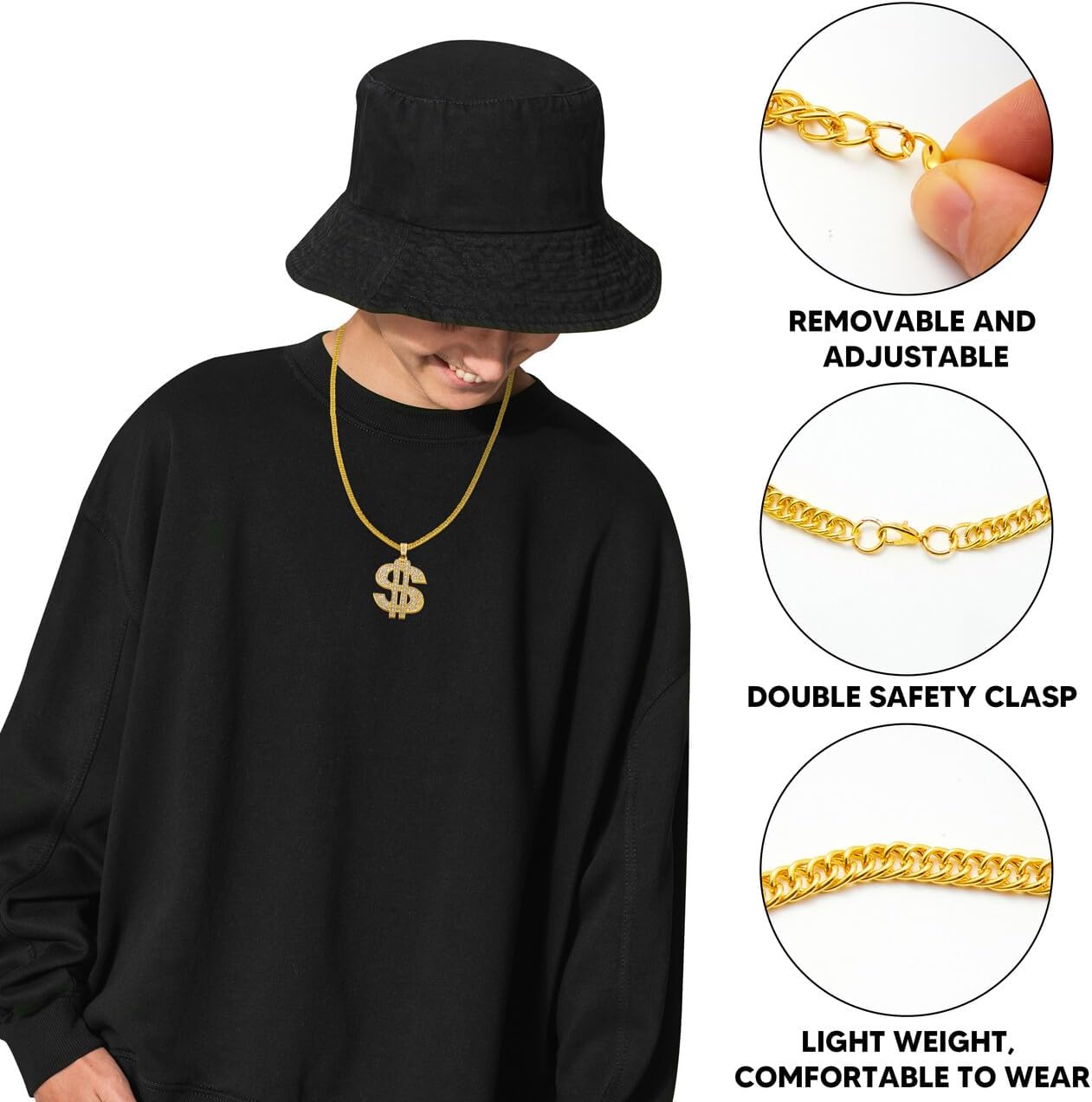 Spooktacular Creations 5 Pcs Hip Hop Costume Set, 80s/90s Rapper Accessories, Hat, Sunglasses, Dollar Necklace, Ring and Earrings for Men Women Halloween Party, Hip Hop Fancy Dress Outfits-2