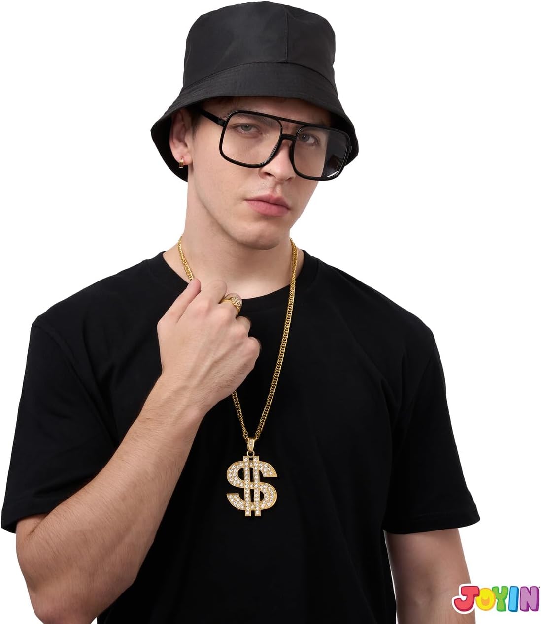 Spooktacular Creations 5 Pcs Hip Hop Costume Set, 80s/90s Rapper Accessories, Hat, Sunglasses, Dollar Necklace, Ring and Earrings for Men Women Halloween Party, Hip Hop Fancy Dress Outfits-4