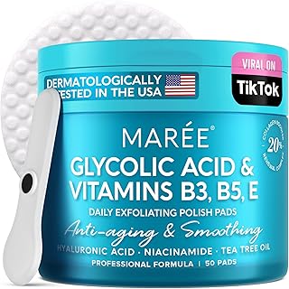 MAREE Glycolic Acid Pads - Toner Pads for Face Cleansing With Tea Tree Oil - Exfoliating Pads with Salicylic Acid & Vitamins E, B3, B5 - Face Pads Facial Peel & Radiance Deep Cleaning Effect - 50 Pads