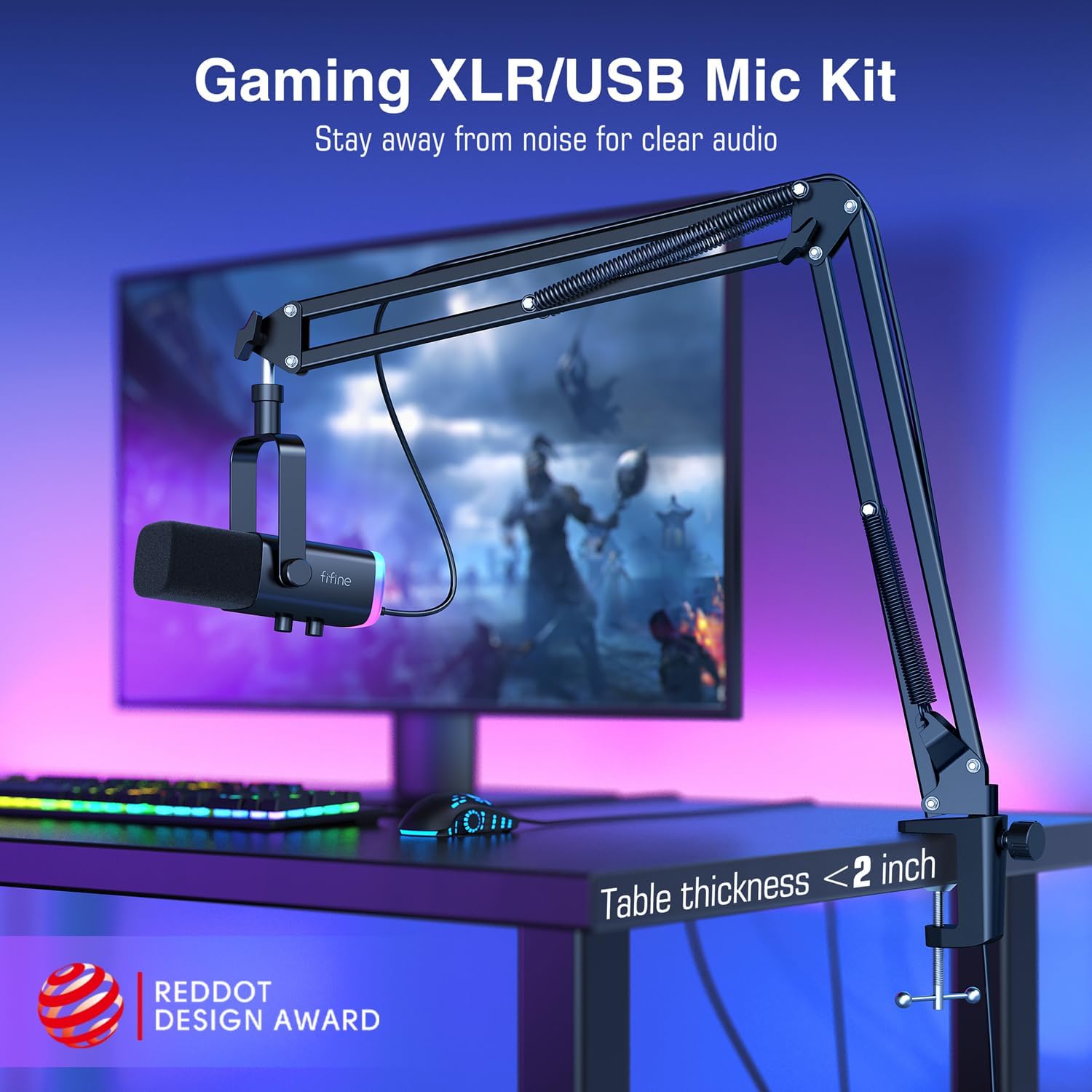 FIFINE XLR/USB Gaming Microphone Set, Dynamic PC Mic for Streaming Podcasting, Computer RGB Mic Kit with Boom Arm Stand, Mute Button, Headphones Jack, for Recording Vocal Voice-Over-AmpliGame AM8T-2