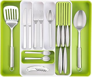 nuovva Cutlery Drawer Organiser – Adjustable Utensil Tray for Drawers – Expandable Cutlery Set Holder – Compact Drawer Divider for Knives, Forks and Spoons – White & Lime Green