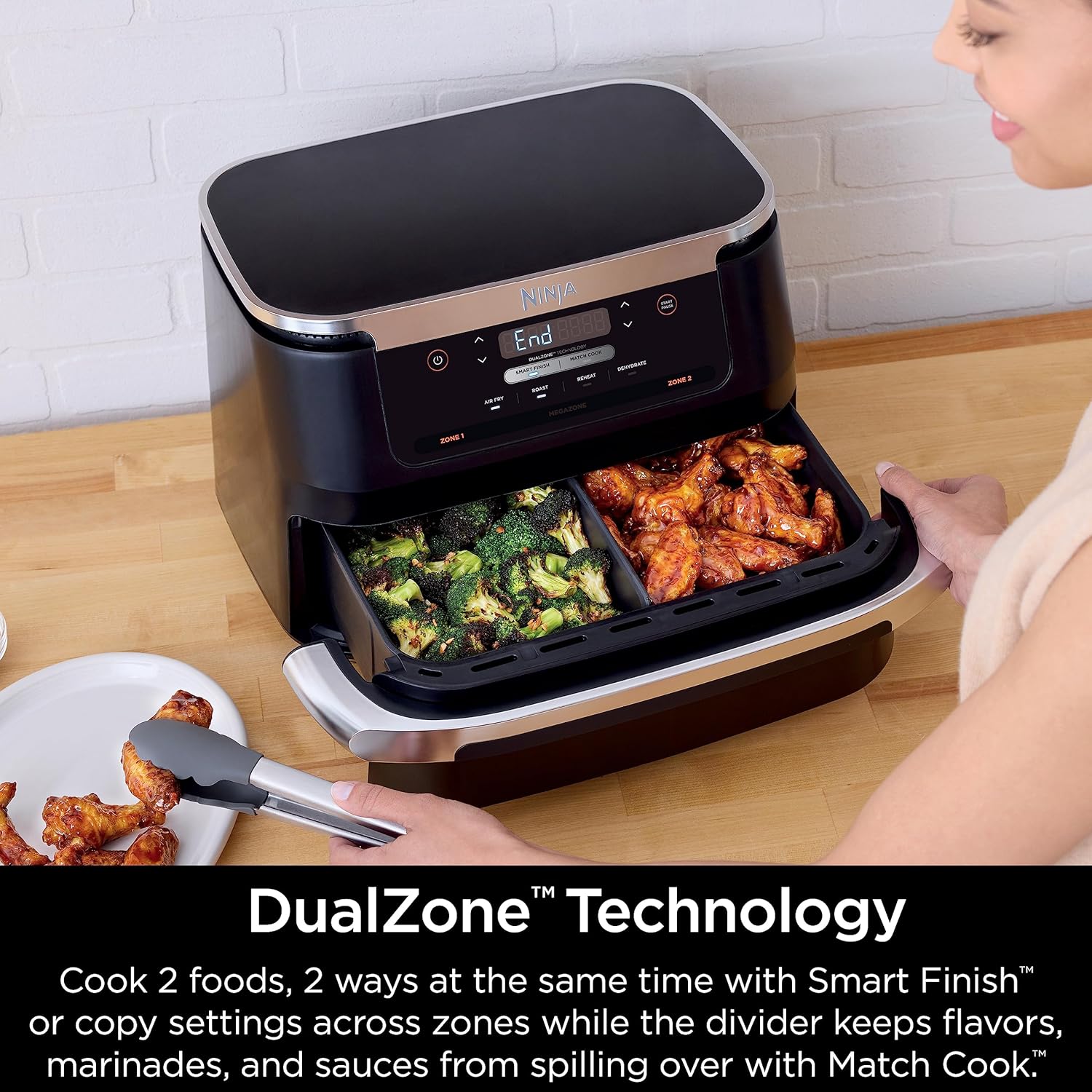 Ninja DZ071 Foodi 6-in-1 FlexBasket Air Fryer with 7-QT MegaZone & Basket Divider for Large Proteins & Full Meals, Smart Finish Cook 2 Foods 2 Ways, Family Sized Capacity, Air Fry, Roast & More, Black-3