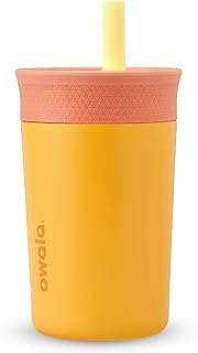 Owala Kids Insulation Stainless Steel Tumbler with Spill Resistant Flexible Straw, Easy to Clean, Kids Water Bottle, Great for Travel, Dishwasher Safe, 12 Oz, Peach and Yellow (Picnic)