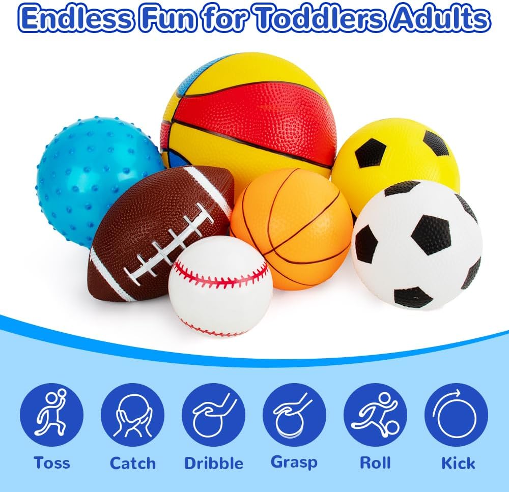 Balls for Toddlers 1-3,Toddler Sports Toys,Set of 7 Kids Ball Soft Foam Baby Sports Balls- Soccer Ball Basketball Baseball Rugby Bounce Ball Playground Indoor Outdoor Toys Gifts,with Free Bump/Bag…-1