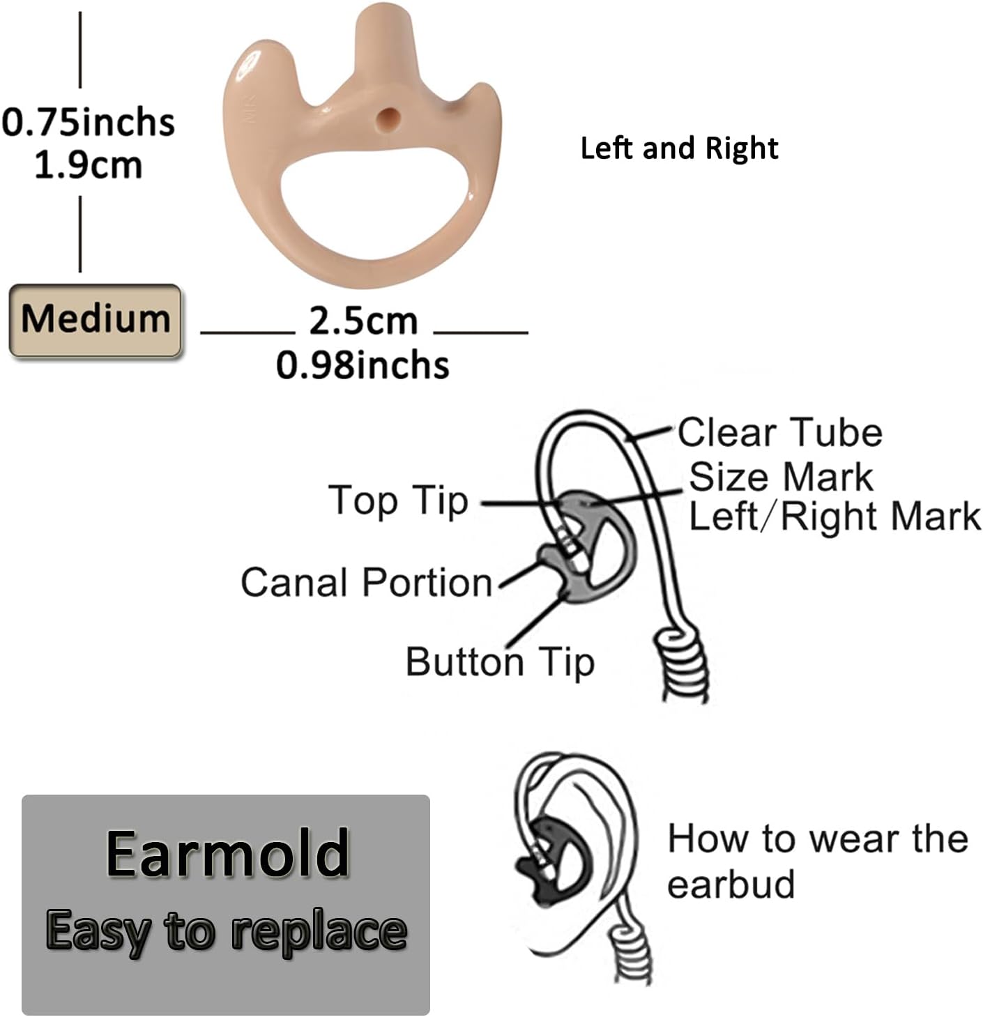 HYS Soft Flexible Open Ear Insert Ear Buds Medium Earmold Replacement Ear Pieces/Ear tip for Clear Acoustic Coil Tube Earbud Audio Kit Earpiece Headset, 3pair Left and Right Earmold-1